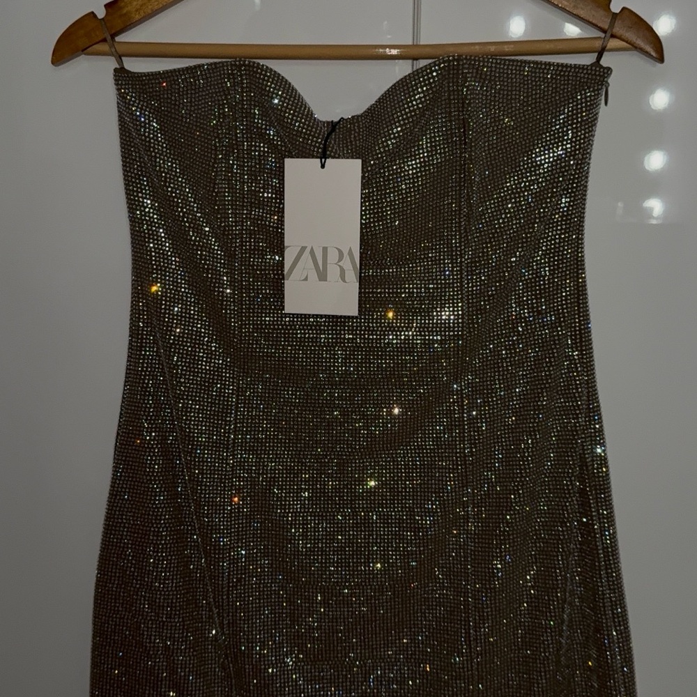 Zara Glittering Silver Strapless Gown